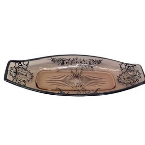 Pink Depression Oval Glass Plate Silver Scroll‎ Overlay Pink 12" Vintage